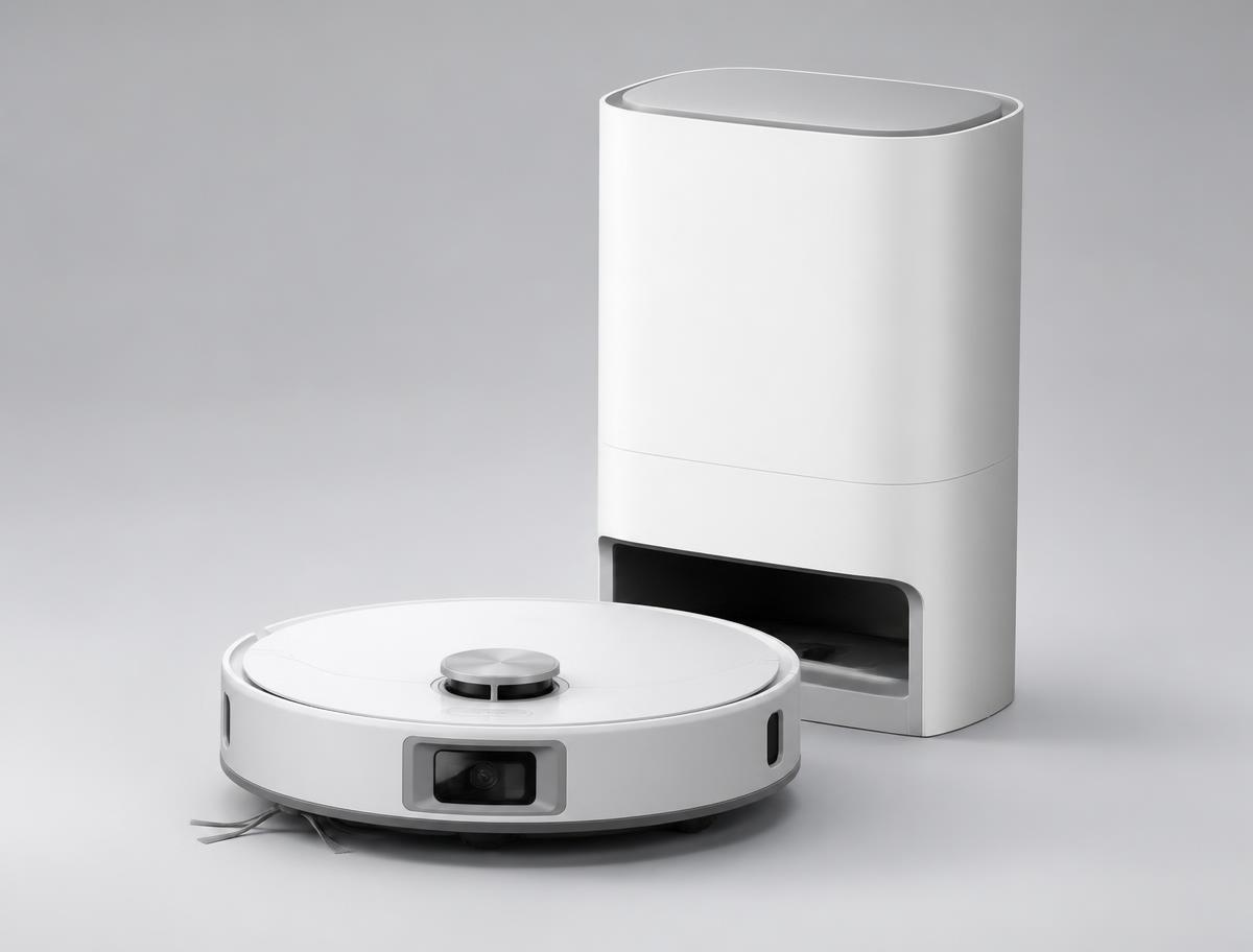 Ecovacs Deebot X2 Omni self-emptying robots photographed on a light studio background