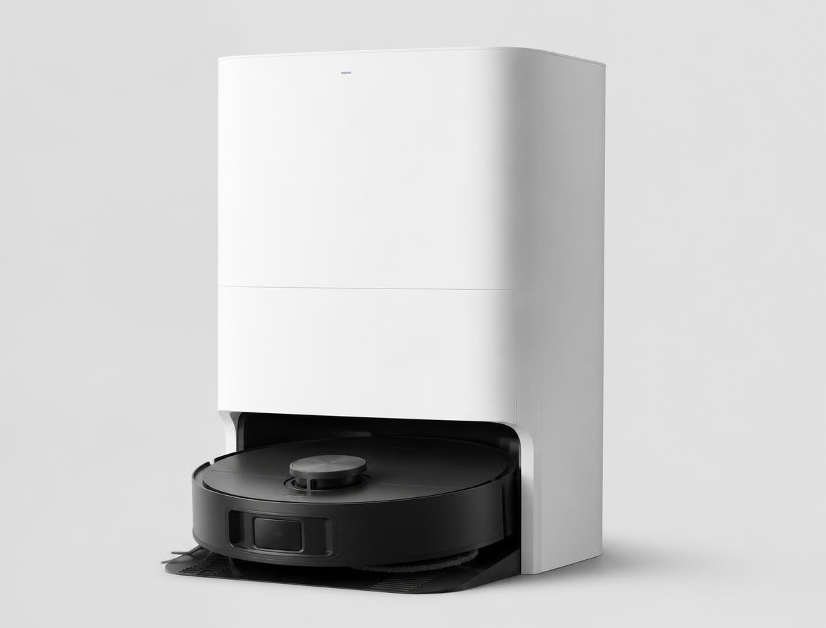 Roborock S8 MaxV Ultra self-emptying robots photographed on a light studio background