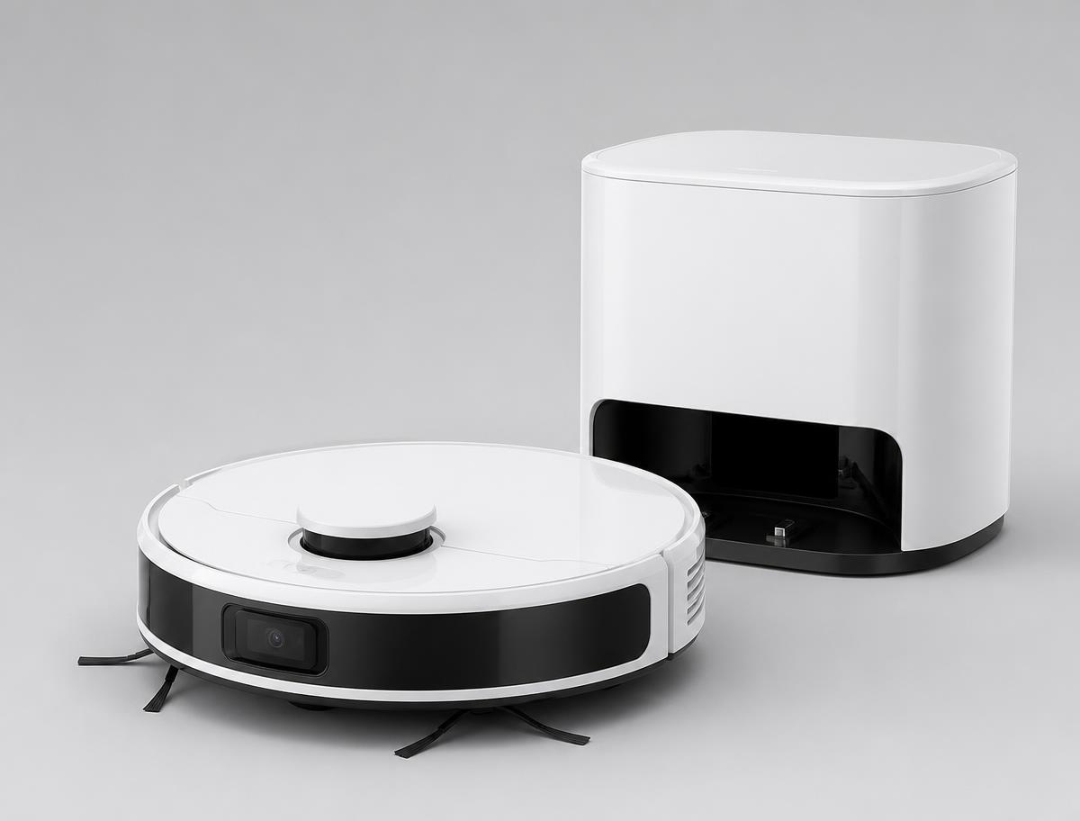 Samsung Jet Bot Combo AI+ self-emptying robots photographed on a light studio background